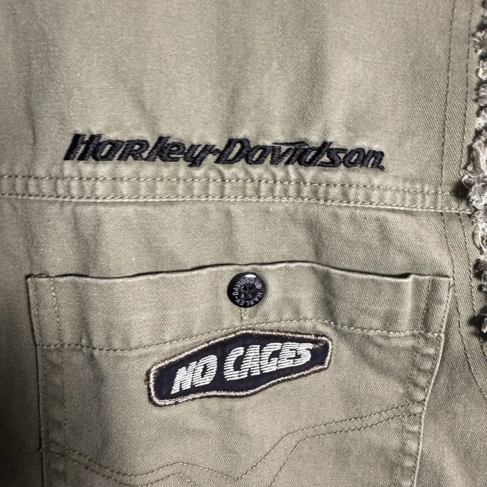 Harley Davidson Vest Men XL Green No Cages Patches Embroidered Cut Off Riding